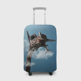 Чехол для чемодана 3D с принтом Жираф и самолет в Санкт-Петербурге, 86% полиэфир, 14% спандекс | двустороннее нанесение принта, прорези для ручек и колес | животные | жираф | небо | облака | природа | самолет | солнце | юмор