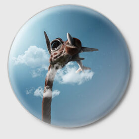 Значок с принтом Жираф и самолет в Санкт-Петербурге,  металл | круглая форма, металлическая застежка в виде булавки | животные | жираф | небо | облака | природа | самолет | солнце | юмор
