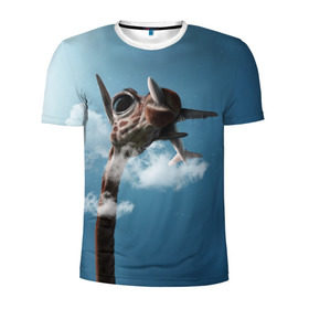 Мужская футболка 3D спортивная с принтом Жираф и самолет в Санкт-Петербурге, 100% полиэстер с улучшенными характеристиками | приталенный силуэт, круглая горловина, широкие плечи, сужается к линии бедра | животные | жираф | небо | облака | природа | самолет | солнце | юмор