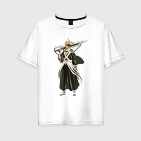 Женская футболка хлопок Oversize с принтом Ichigo Kurosaki в Санкт-Петербурге, 100% хлопок | свободный крой, круглый ворот, спущенный рукав, длина до линии бедер
 | bleach | hollow | manga | блич | ичиго | куросаки | манга | пустой | синигами