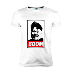 Мужская футболка премиум с принтом BOOM КИМ ЧЕН ЫН в Санкт-Петербурге, 92% хлопок, 8% лайкра | приталенный силуэт, круглый вырез ворота, длина до линии бедра, короткий рукав | Тематика изображения на принте: boom | kim chen eun | mems | ким чен ын | кнр | мемы | северная корея | ядерные ракеты