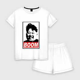 Женская пижама с шортиками хлопок с принтом BOOM КИМ ЧЕН ЫН в Санкт-Петербурге, 100% хлопок | футболка прямого кроя, шорты свободные с широкой мягкой резинкой | boom | kim chen eun | mems | ким чен ын | кнр | мемы | северная корея | ядерные ракеты