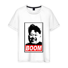 Мужская футболка хлопок с принтом BOOM КИМ ЧЕН ЫН в Санкт-Петербурге, 100% хлопок | прямой крой, круглый вырез горловины, длина до линии бедер, слегка спущенное плечо. | Тематика изображения на принте: boom | kim chen eun | mems | ким чен ын | кнр | мемы | северная корея | ядерные ракеты