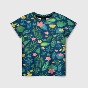Детская футболка 3D с принтом Тропики в Санкт-Петербурге, 100% гипоаллергенный полиэфир | прямой крой, круглый вырез горловины, длина до линии бедер, чуть спущенное плечо, ткань немного тянется | jungle | деревья | джунгли | зелень | кусты | лес | мох | океан | пальмы | пляж | тропики | экзотика