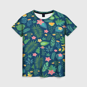 Женская футболка 3D с принтом Тропики в Санкт-Петербурге, 100% полиэфир ( синтетическое хлопкоподобное полотно) | прямой крой, круглый вырез горловины, длина до линии бедер | jungle | деревья | джунгли | зелень | кусты | лес | мох | океан | пальмы | пляж | тропики | экзотика