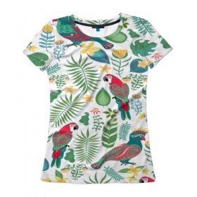 Женская футболка 3D с принтом Попугаи в Санкт-Петербурге, 100% полиэфир ( синтетическое хлопкоподобное полотно) | прямой крой, круглый вырез горловины, длина до линии бедер | jungle | деревья | джунгли | зелень | кусты | лес | мох | океан | пальмы | пляж | тропики | экзотика