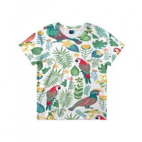 Детская футболка 3D с принтом Попугаи в Санкт-Петербурге, 100% гипоаллергенный полиэфир | прямой крой, круглый вырез горловины, длина до линии бедер, чуть спущенное плечо, ткань немного тянется | jungle | деревья | джунгли | зелень | кусты | лес | мох | океан | пальмы | пляж | тропики | экзотика