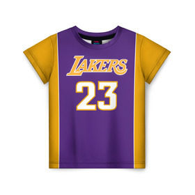 Детская футболка 3D с принтом Lakers в Санкт-Петербурге, 100% гипоаллергенный полиэфир | прямой крой, круглый вырез горловины, длина до линии бедер, чуть спущенное плечо, ткань немного тянется | Тематика изображения на принте: 