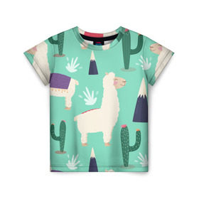 Детская футболка 3D с принтом Альпаки в Санкт-Петербурге, 100% гипоаллергенный полиэфир | прямой крой, круглый вырез горловины, длина до линии бедер, чуть спущенное плечо, ткань немного тянется | Тематика изображения на принте: зеленый | лама | паттерн