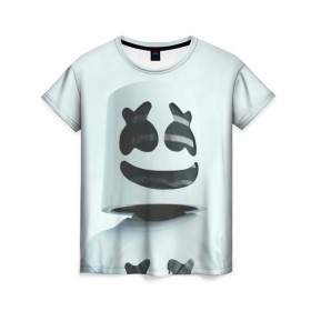 Женская футболка 3D с принтом MARSHMELLO в Санкт-Петербурге, 100% полиэфир ( синтетическое хлопкоподобное полотно) | прямой крой, круглый вырез горловины, длина до линии бедер | dj | marshmello | usa | америка | клубная музыка | маршмелло | музыка | музыкант