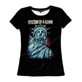 Женская футболка 3D с принтом System of a Down в Санкт-Петербурге, 100% полиэфир ( синтетическое хлопкоподобное полотно) | прямой крой, круглый вырез горловины, длина до линии бедер | 