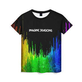 Женская футболка 3D с принтом IMAGINE DRAGONS в Санкт-Петербурге, 100% полиэфир ( синтетическое хлопкоподобное полотно) | прямой крой, круглый вырез горловины, длина до линии бедер | color | imagine dragons | logo | stripes | trend | абстракция | группа | линии | лого | рок | рэп | фирменные цвета