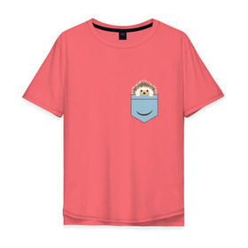 Мужская футболка хлопок Oversize с принтом Ёжик в кармане в Санкт-Петербурге, 100% хлопок | свободный крой, круглый ворот, “спинка” длиннее передней части | еж | ёжик | ёжик в кармане | лес