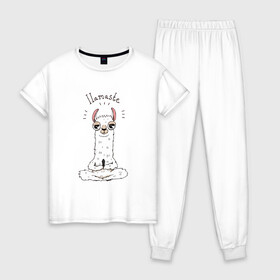 Женская пижама хлопок с принтом Лама в Санкт-Петербурге, 100% хлопок | брюки и футболка прямого кроя, без карманов, на брюках мягкая резинка на поясе и по низу штанин | i lamaste | ёга | йога | лама