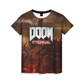 Женская футболка 3D с принтом DOOM Eternal в Санкт-Петербурге, 100% полиэфир ( синтетическое хлопкоподобное полотно) | прямой крой, круглый вырез горловины, длина до линии бедер | doom | doomguy | slayer | вечный | дум | думгай | палач рока