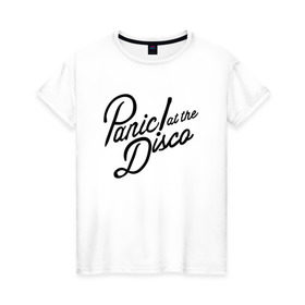 Женская футболка хлопок с принтом Panic at the disco logo в Санкт-Петербурге, 100% хлопок | прямой крой, круглый вырез горловины, длина до линии бедер, слегка спущенное плечо | Тематика изображения на принте: brendon urie | patd | spencer smith | tyan ross