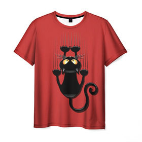 Мужская футболка 3D с принтом Черный Кот в Санкт-Петербурге, 100% полиэфир | прямой крой, круглый вырез горловины, длина до линии бедер | Тематика изображения на принте: black | cat | cats | кот | котенок | коты | кошка | кошки | красный | черная