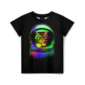 Детская футболка 3D с принтом Котик в Космосе в Санкт-Петербурге, 100% гипоаллергенный полиэфир | прямой крой, круглый вырез горловины, длина до линии бедер, чуть спущенное плечо, ткань немного тянется | Тематика изображения на принте: cat | cats | cute | kitty | rainbow | space | spaceman | космонавт | космос | кот | котенок | коты | кошка | кошки | очки | радуга | скафандр | шлем