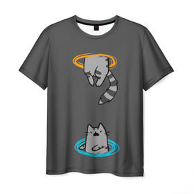 Мужская футболка 3D с принтом Кот в Портале в Санкт-Петербурге, 100% полиэфир | прямой крой, круглый вырез горловины, длина до линии бедер | cat | cats | game | games | portal | tail | valve | в портале | вэльв | игра | игры | кот | коты | кошка | кошки | портал | хвост
