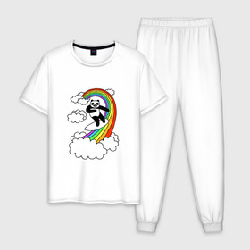 Мужская пижама хлопок с принтом ПАНДА НА РАДУГЕ в Санкт-Петербурге, 100% хлопок | брюки и футболка прямого кроя, без карманов, на брюках мягкая резинка на поясе и по низу штанин
 | cloud | mem | panda | rainbow | serfing | мем | облака | панда | радуга | серфинг | юмор