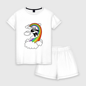 Женская пижама с шортиками хлопок с принтом ПАНДА НА РАДУГЕ в Санкт-Петербурге, 100% хлопок | футболка прямого кроя, шорты свободные с широкой мягкой резинкой | cloud | mem | panda | rainbow | serfing | мем | облака | панда | радуга | серфинг | юмор