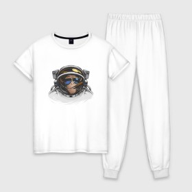 Женская пижама хлопок с принтом Обезьяна астронавт в Санкт-Петербурге, 100% хлопок | брюки и футболка прямого кроя, без карманов, на брюках мягкая резинка на поясе и по низу штанин | астронавт | космонавт | космос | обезьяна | обезьяна арт | обезьяна рисунок