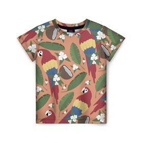 Детская футболка 3D с принтом Попугайчики в Санкт-Петербурге, 100% гипоаллергенный полиэфир | прямой крой, круглый вырез горловины, длина до линии бедер, чуть спущенное плечо, ткань немного тянется | джунгли | жара | кокосы | лето | отпуск | попугайчики | птицы | путушествия | цветы