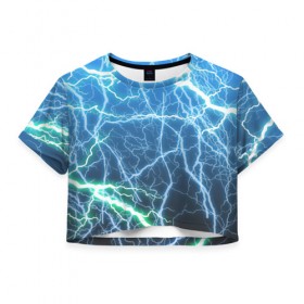 Женская футболка 3D укороченная с принтом РАЗРЯДЫ МОЛНИЙ в Санкт-Петербурге, 100% полиэстер | круглая горловина, длина футболки до линии талии, рукава с отворотами | blue | epic | green | lightning | rain | storm | stripes | texture | thunder | гроза | гром | дождь | зеленый | линии | молнии | молния | пафосные | полосы | разряды | синий | текстура | шторм | эпичные | яркие