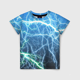 Детская футболка 3D с принтом РАЗРЯДЫ МОЛНИЙ в Санкт-Петербурге, 100% гипоаллергенный полиэфир | прямой крой, круглый вырез горловины, длина до линии бедер, чуть спущенное плечо, ткань немного тянется | Тематика изображения на принте: blue | epic | green | lightning | rain | storm | stripes | texture | thunder | гроза | гром | дождь | зеленый | линии | молнии | молния | пафосные | полосы | разряды | синий | текстура | шторм | эпичные | яркие