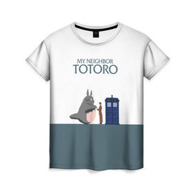 Женская футболка 3D с принтом Мой сосед Тоторо в Санкт-Петербурге, 100% полиэфир ( синтетическое хлопкоподобное полотно) | прямой крой, круглый вырез горловины, длина до линии бедер | 10 доктор | doctor who | my neighbor totoro | tardis | totoro | десятый доктор | доктор кто | тардис | тоторо
