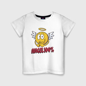 Детская футболка хлопок с принтом ANGEL 100% в Санкт-Петербурге, 100% хлопок | круглый вырез горловины, полуприлегающий силуэт, длина до линии бедер | 100 | angel | ангел | добрая | добрый | крылья | мем | мемас | мемасик | милый | надпись | нимб | процентов | смайл | смайлик | улыбка | эмоджи | эмодзи