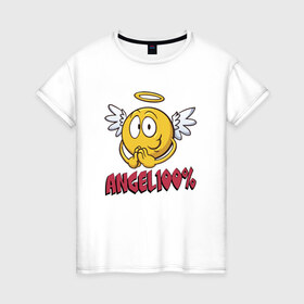 Женская футболка хлопок с принтом ANGEL 100% в Санкт-Петербурге, 100% хлопок | прямой крой, круглый вырез горловины, длина до линии бедер, слегка спущенное плечо | 100 | angel | ангел | добрая | добрый | крылья | мем | мемас | мемасик | милый | надпись | нимб | процентов | смайл | смайлик | улыбка | эмоджи | эмодзи