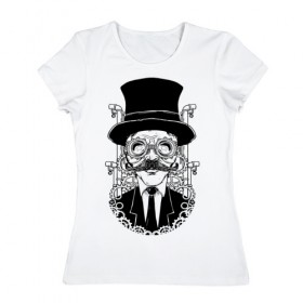 Женская футболка хлопок с принтом Steampunk Man в Санкт-Петербурге, 100% хлопок | прямой крой, круглый вырез горловины, длина до линии бедер, слегка спущенное плечо | man | steampunk | мужчина | очки | стимпанк | шляпа