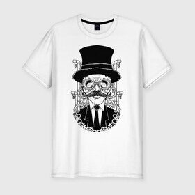 Мужская футболка хлопок Slim с принтом Steampunk Man в Санкт-Петербурге, 92% хлопок, 8% лайкра | приталенный силуэт, круглый вырез ворота, длина до линии бедра, короткий рукав | man | steampunk | мужчина | очки | стимпанк | шляпа