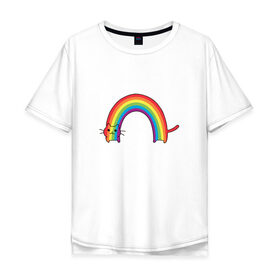 Мужская футболка хлопок Oversize с принтом Котик - радуга в Санкт-Петербурге, 100% хлопок | свободный крой, круглый ворот, “спинка” длиннее передней части | cat | китюлька | кот | котики | котэ | радуга