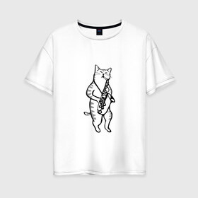 Женская футболка хлопок Oversize с принтом Кот Саксофонист в Санкт-Петербурге, 100% хлопок | свободный крой, круглый ворот, спущенный рукав, длина до линии бедер
 | cat | арт | животные | инструмент | кот | кошка | музыка | саксофон | саксофонист
