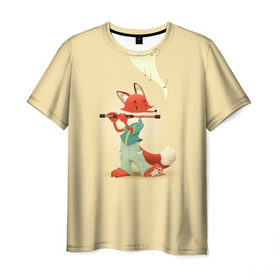 Мужская футболка 3D с принтом Лисичка с флейтой в Санкт-Петербурге, 100% полиэфир | прямой крой, круглый вырез горловины, длина до линии бедер | Тематика изображения на принте: флейта | флейтист