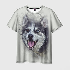 Мужская футболка 3D с принтом Хаска в Санкт-Петербурге, 100% полиэфир | прямой крой, круглый вырез горловины, длина до линии бедер | животные | пес | собака | хаска
