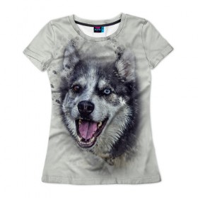 Женская футболка 3D с принтом Хаска в Санкт-Петербурге, 100% полиэфир ( синтетическое хлопкоподобное полотно) | прямой крой, круглый вырез горловины, длина до линии бедер | животные | пес | собака | хаска