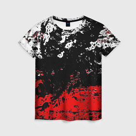 Женская футболка 3D с принтом БРЫЗГИ КРАСОК в Санкт-Петербурге, 100% полиэфир ( синтетическое хлопкоподобное полотно) | прямой крой, круглый вырез горловины, длина до линии бедер | black.white | dirty | paints | red | texture | белый | брызги | грязный | краски | красный | текстура | черный