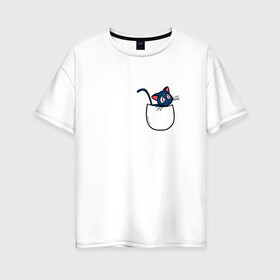 Женская футболка хлопок Oversize с принтом Кот в кармане в Санкт-Петербурге, 100% хлопок | свободный крой, круглый ворот, спущенный рукав, длина до линии бедер
 | cat | кот . котэ | котик | сейлор мун
