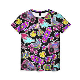 Женская футболка 3D с принтом Back to 90 в Санкт-Петербурге, 100% полиэфир ( синтетическое хлопкоподобное полотно) | прямой крой, круглый вырез горловины, длина до линии бедер | 80 | 90 | acid | acidic | cola | eighties | lightning | nineties | offline | skate | star | восьмидесятые | девяностые | кислота | олдскул