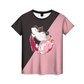 Женская футболка 3D с принтом MONOKUMA X MONOMI в Санкт-Петербурге, 100% полиэфир ( синтетическое хлопкоподобное полотно) | прямой крой, круглый вырез горловины, длина до линии бедер | Тематика изображения на принте: anime | bear | black  white | danganronpa | kurokuma | monodam | monokuma | monomi | monotaro | pink | rabbit | school | shirokuma | аниме | главарь | мoноми | монокума | черно белый | школа