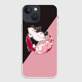 Чехол для iPhone 13 mini с принтом MONOKUMA X MONOMI | МОНОКУМА в Санкт-Петербурге,  |  | anime | bear | black  white | danganronpa | kurokuma | monodam | monokuma | monomi | monotaro | pink | rabbit | school | shirokuma | аниме | главарь | мoноми | монокума | черно белый | школа