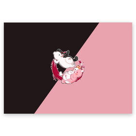 Поздравительная открытка с принтом MONOKUMA X MONOMI в Санкт-Петербурге, 100% бумага | плотность бумаги 280 г/м2, матовая, на обратной стороне линовка и место для марки
 | Тематика изображения на принте: anime | bear | black  white | danganronpa | kurokuma | monodam | monokuma | monomi | monotaro | pink | rabbit | school | shirokuma | аниме | главарь | мoноми | монокума | черно белый | школа