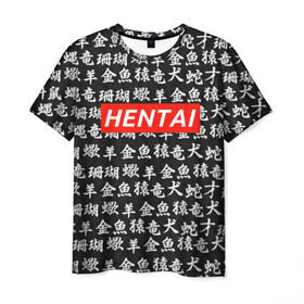 Мужская футболка 3D с принтом HENTAI в Санкт-Петербурге, 100% полиэфир | прямой крой, круглый вырез горловины, длина до линии бедер | ahegao | kawai | kowai | oppai | otaku | senpai | sugoi | waifu | yandere | ахегао | ковай | отаку | сенпай | яндере