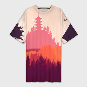 Платье-футболка 3D с принтом Firewatch в Санкт-Петербурге,  |  | campo santo | firewatch | арт | вечер | вид | горы | закат | игра | лес | озеро | олень | пейзаж | пожарный дозор | солнце | холмы