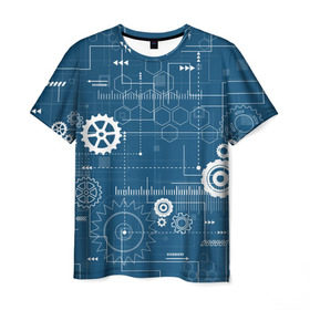 Мужская футболка 3D с принтом Механика в Санкт-Петербурге, 100% полиэфир | прямой крой, круглый вырез горловины, длина до линии бедер | детали | механизм | механик | схема | чертеж | шестеренки