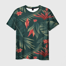 Мужская футболка 3D с принтом Тропики в Санкт-Петербурге, 100% полиэфир | прямой крой, круглый вырез горловины, длина до линии бедер | вектор | джунгли | дизайн | зеленый | красиво | красный | лес | лето | папоротник | тропики | тропические листья
