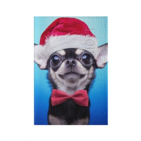 Обложка для паспорта матовая кожа с принтом рождество в Санкт-Петербурге, натуральная матовая кожа | размер 19,3 х 13,7 см; прозрачные пластиковые крепления | dog | happy new year | бантик | взгляд | глаза | новый год | пинчер | праздник | санта клаус | собака | той терьер